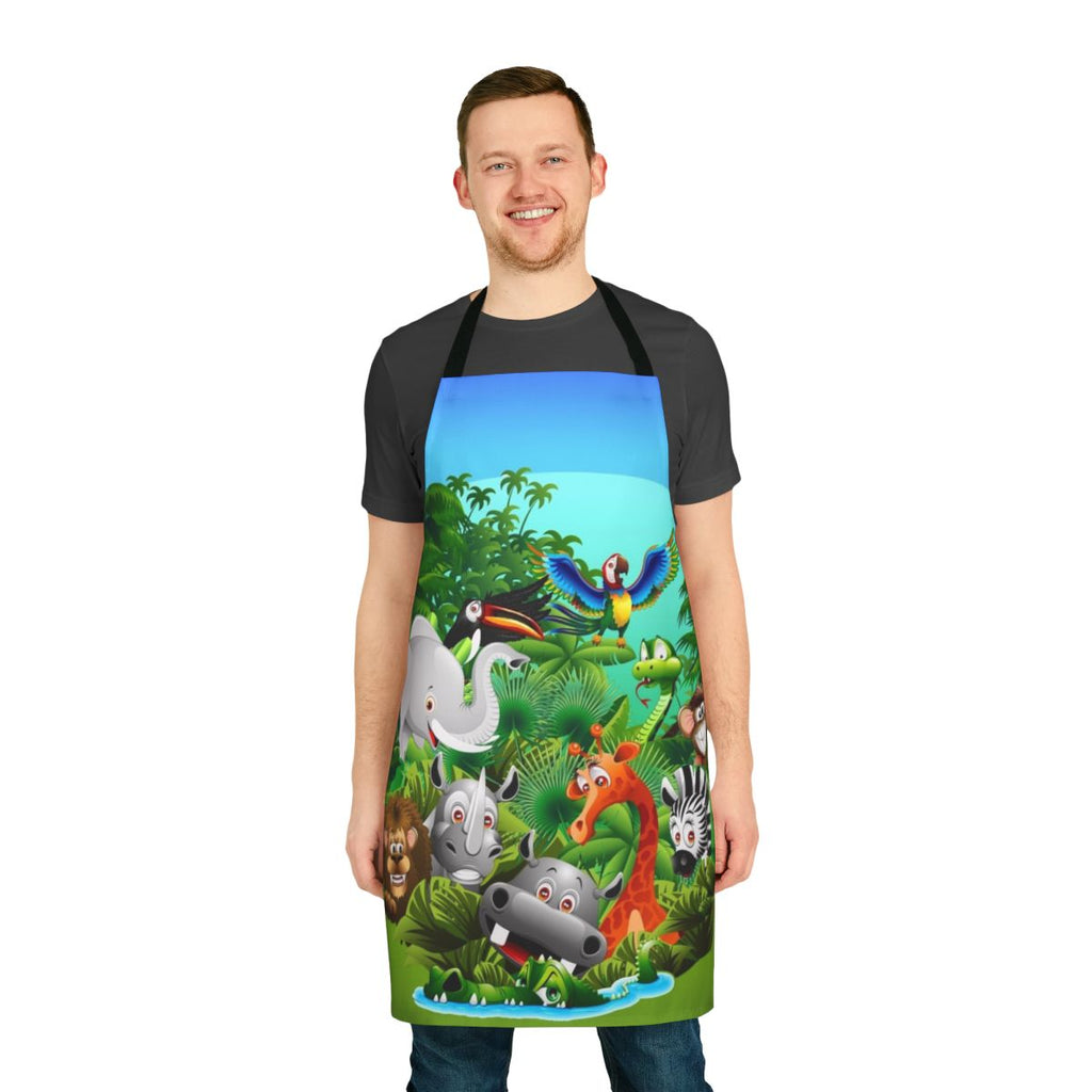 Vibrant apron featuring a colorful cartoon design of wild animals in a lush jungle setting