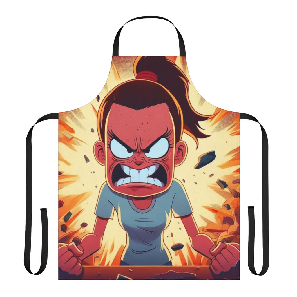 Vibrant cartoon apron with angry, destructive design inspired by the Netflix series Big Mouth