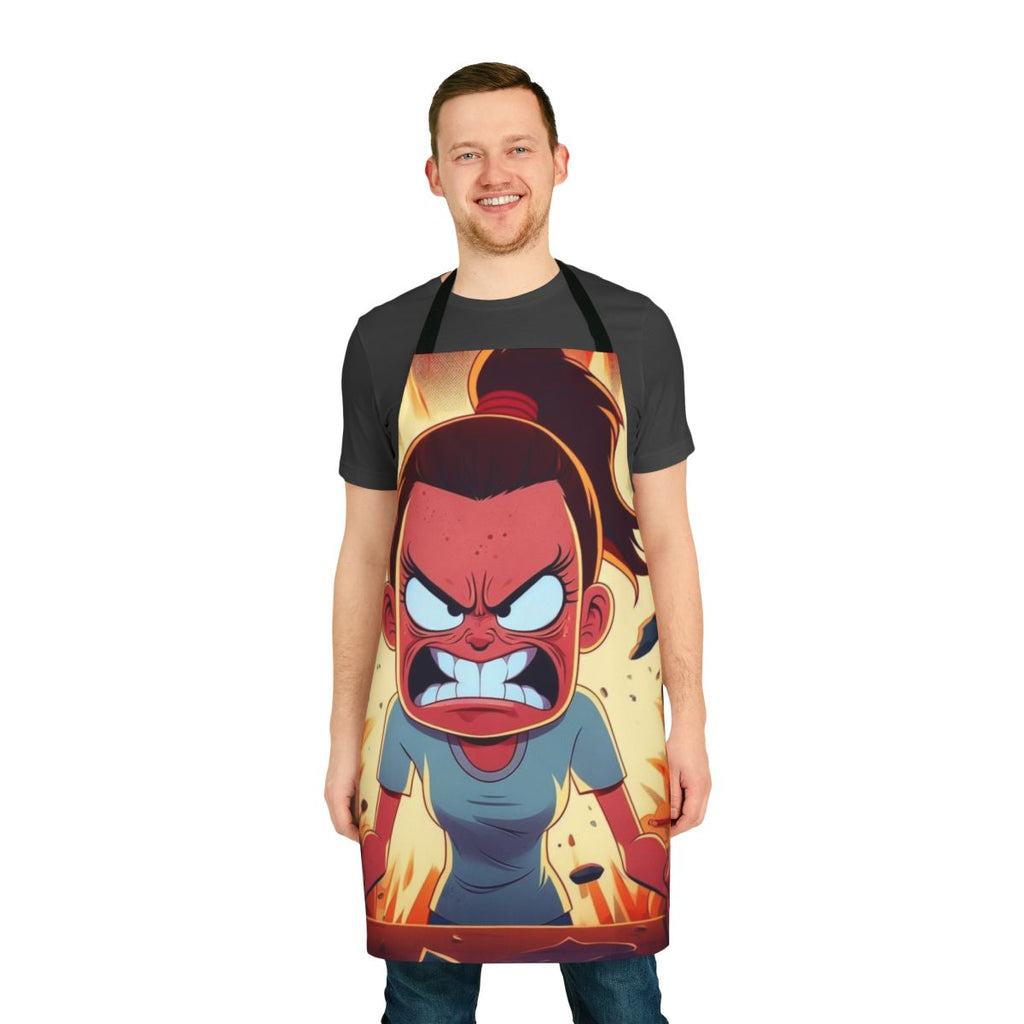 Vibrant cartoon apron with angry, destructive design inspired by the Netflix series Big Mouth