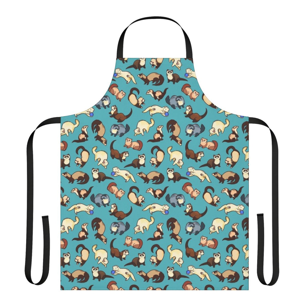 A stylish and colorful apron featuring a playful cat and ferret pattern, perfect for the kitchen.