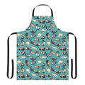 A stylish and colorful apron featuring a playful cat and ferret pattern, perfect for the kitchen.