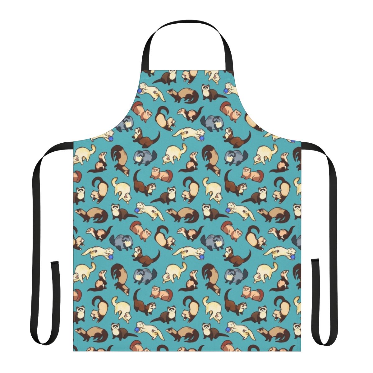 A stylish and colorful apron featuring a playful cat and ferret pattern, perfect for the kitchen.