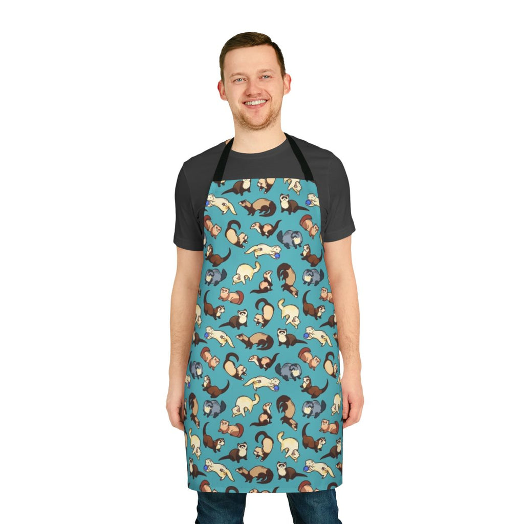 A stylish and colorful apron featuring a playful cat and ferret pattern, perfect for the kitchen.