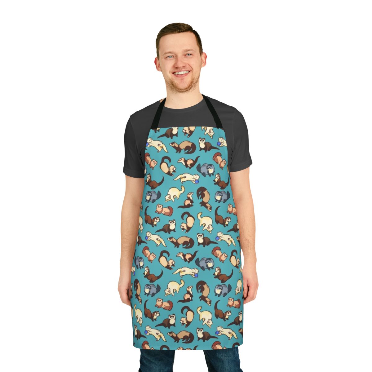 A stylish and colorful apron featuring a playful cat and ferret pattern, perfect for the kitchen.