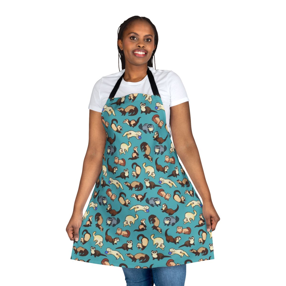 A stylish and colorful apron featuring a playful cat and ferret pattern, perfect for the kitchen.
