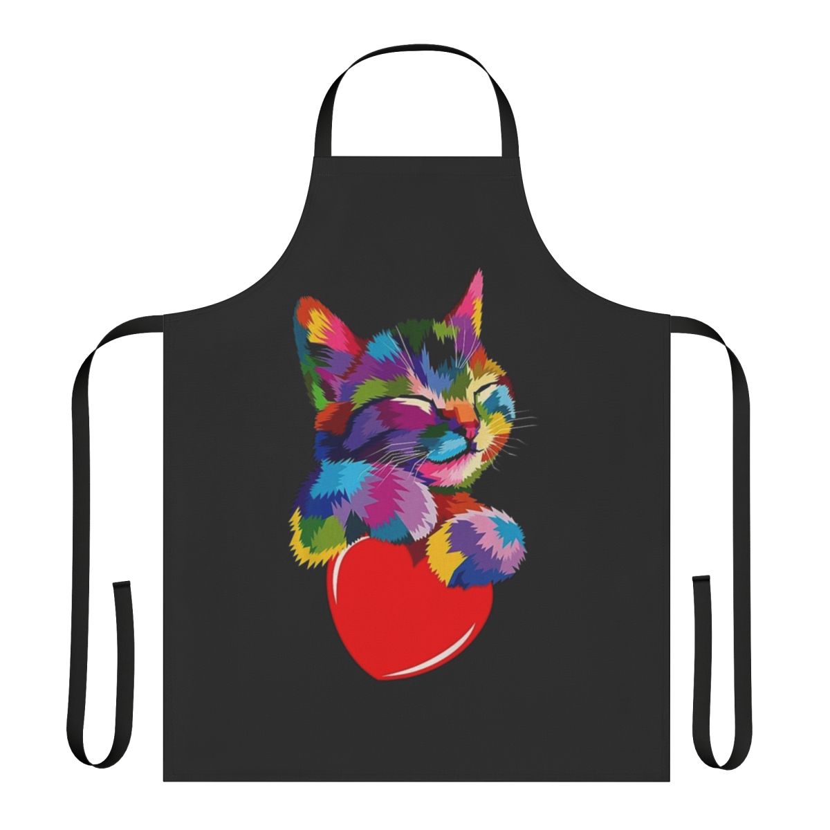 Colorful apron featuring a cat hugging a heart design, perfect for the cat lover in your life.