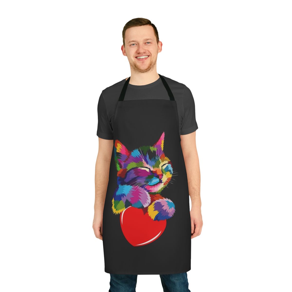 Colorful apron featuring a cat hugging a heart design, perfect for the cat lover in your life.