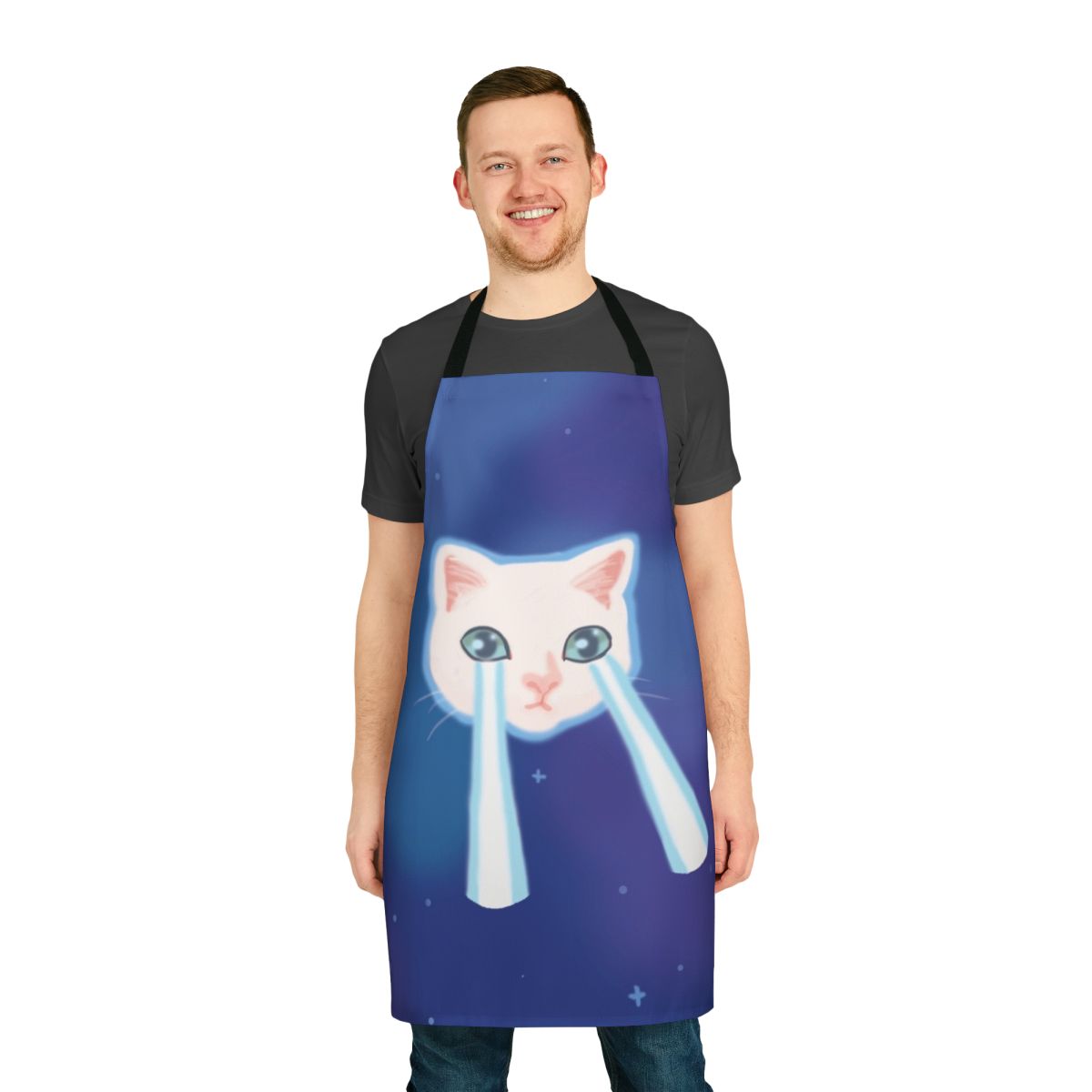 Colorful apron featuring a playful meme cat design