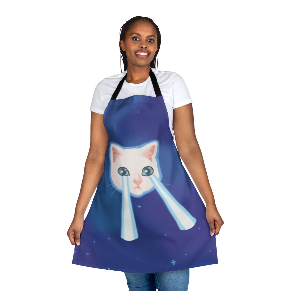 Colorful apron featuring a playful meme cat design