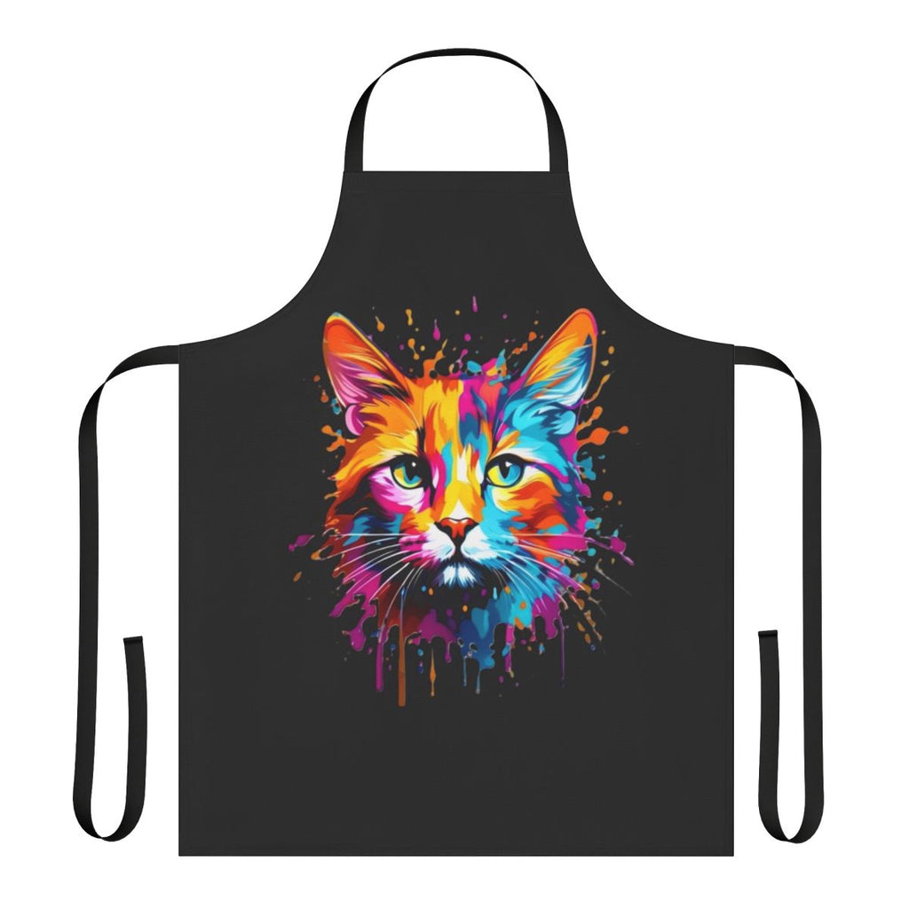 A vibrant apron featuring a playful cat design with splashes of colorful paint.