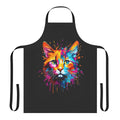 A vibrant apron featuring a playful cat design with splashes of colorful paint.