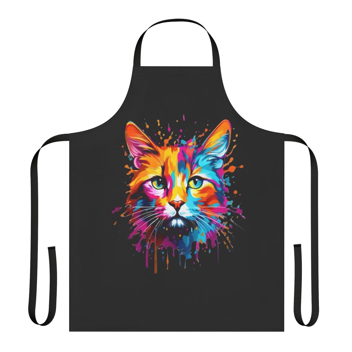 A vibrant apron featuring a playful cat design with splashes of colorful paint.