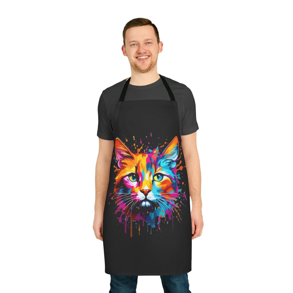 A vibrant apron featuring a playful cat design with splashes of colorful paint.