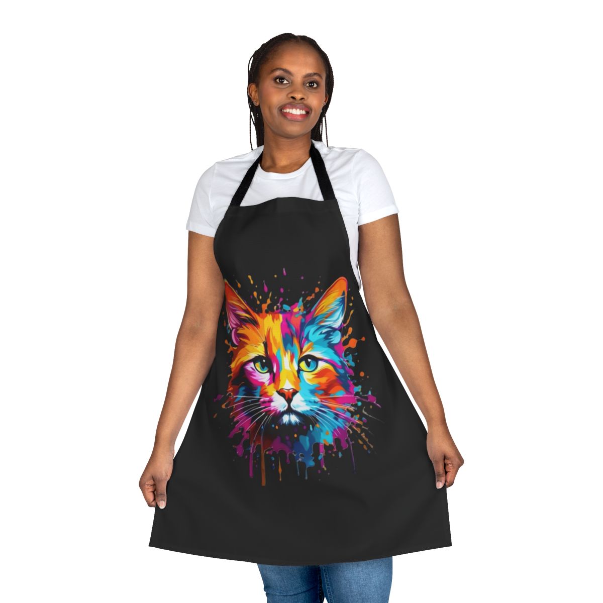 A vibrant apron featuring a playful cat design with splashes of colorful paint.