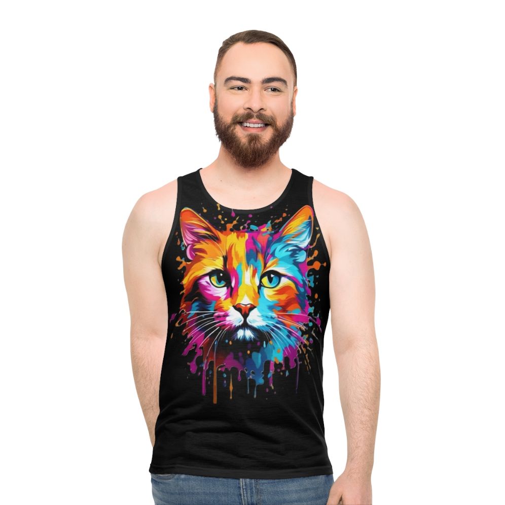 Vibrant cat splash unisex tank top with colorful animal design
