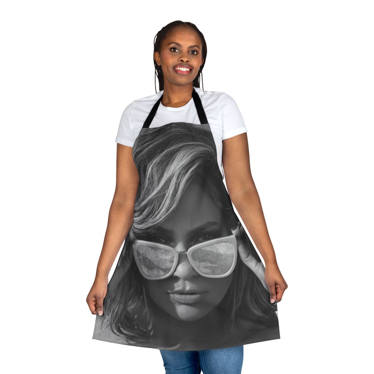 Colorful apron featuring a pop art-style design of Jennifer Lopez