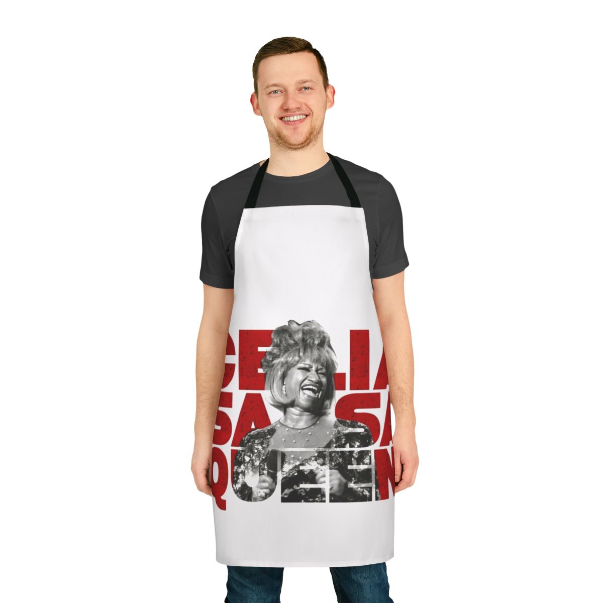 "Colorful apron featuring the Cuban flag design and inspired by the legendary Celia Cruz and Cuban music"
