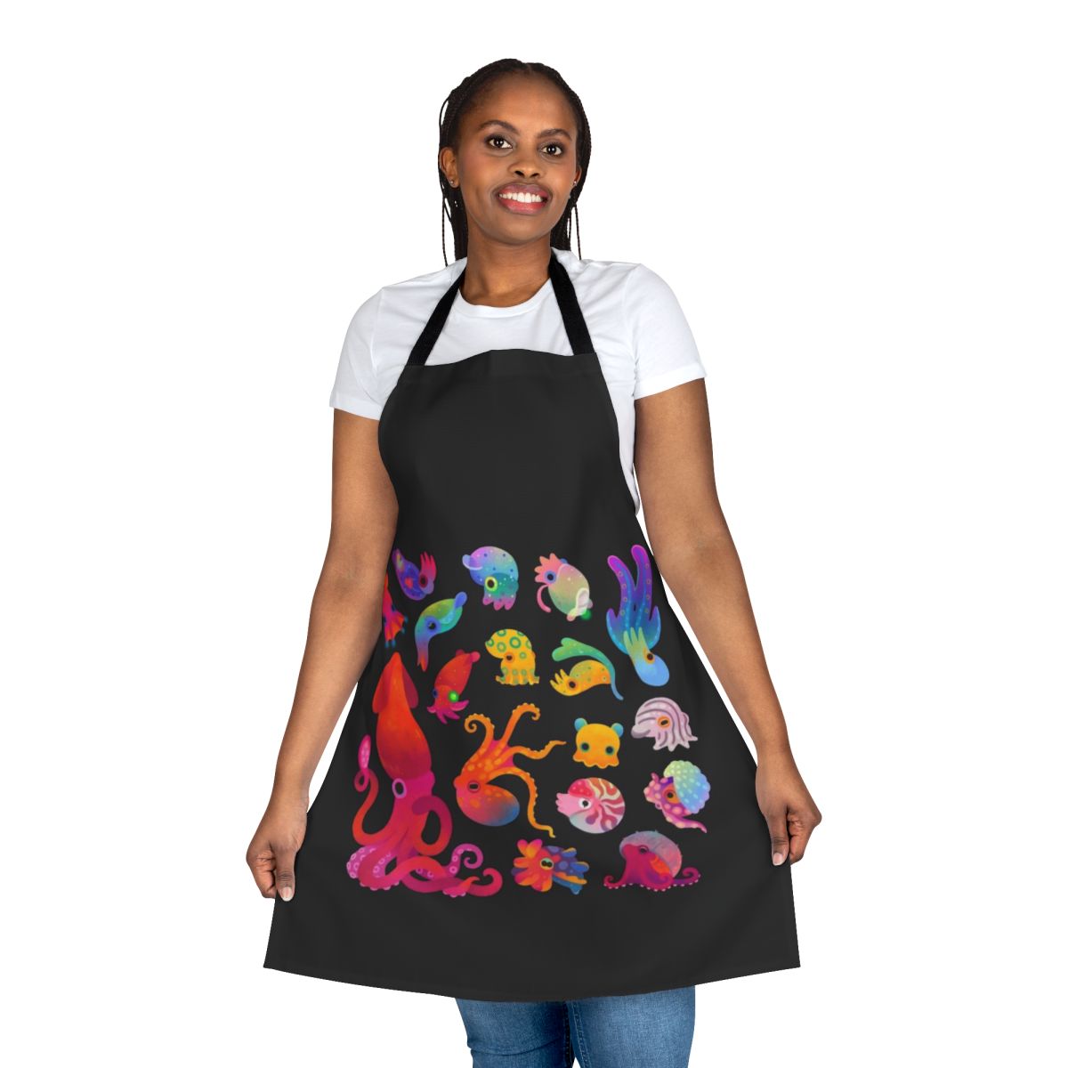 Colorful apron featuring a vibrant cephalopod design, perfect for the kitchen