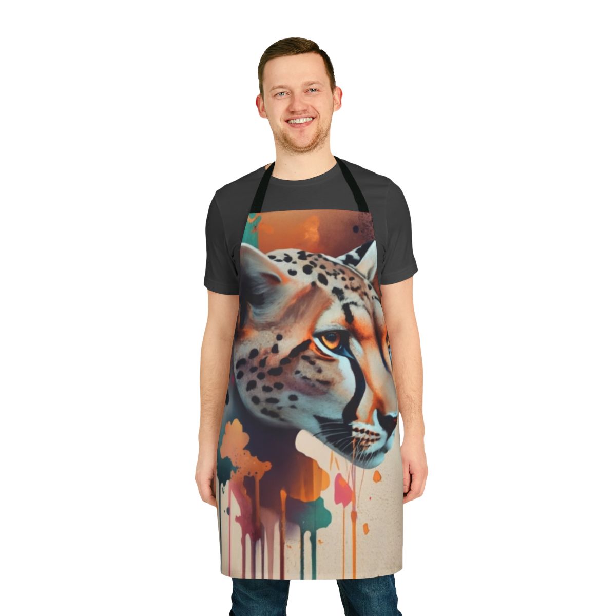 Cheetah print apron with a vibrant design for nature and animal enthusiasts