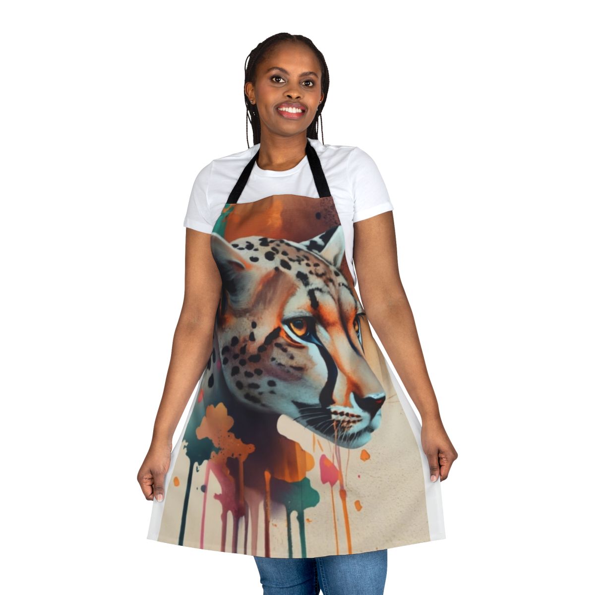 Cheetah print apron with a vibrant design for nature and animal enthusiasts
