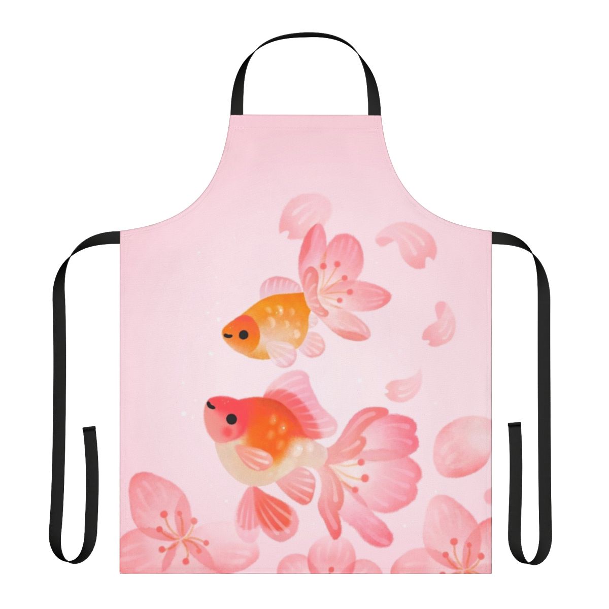 Colorful apron featuring a vibrant cherry blossom and goldfish design, perfect for cooking in an aquatic-themed kitchen.