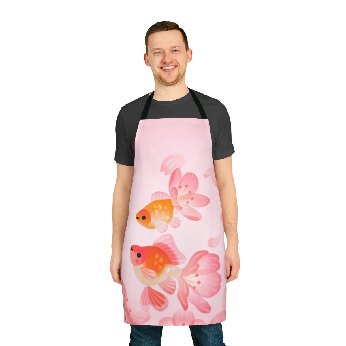 Colorful apron featuring a vibrant cherry blossom and goldfish design, perfect for cooking in an aquatic-themed kitchen.