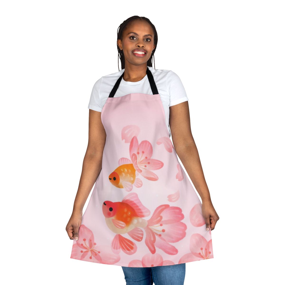 Colorful apron featuring a vibrant cherry blossom and goldfish design, perfect for cooking in an aquatic-themed kitchen.