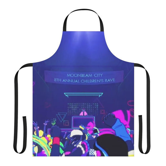 Colorful rave-themed apron with a Moonbeam City design, perfect for kids