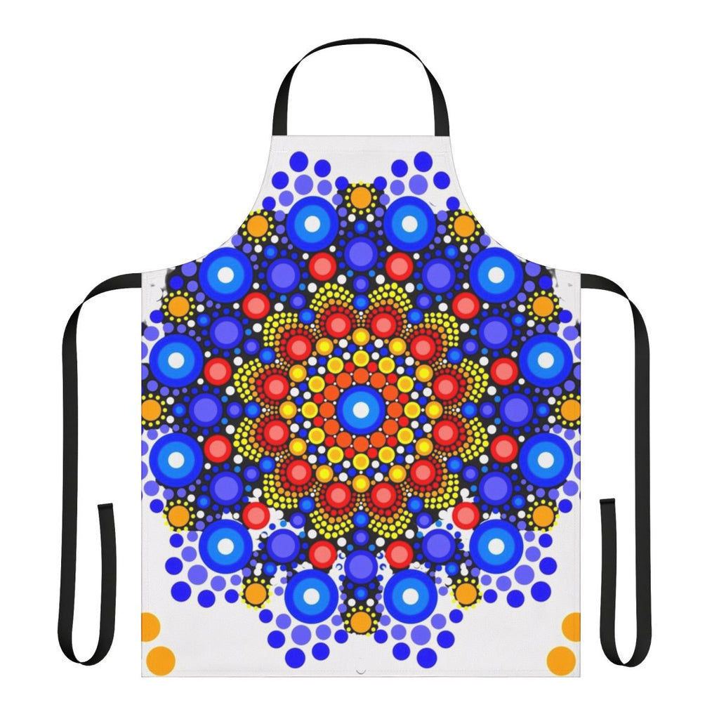 Colorful apron with a repeating blue and orange circle and mandala design