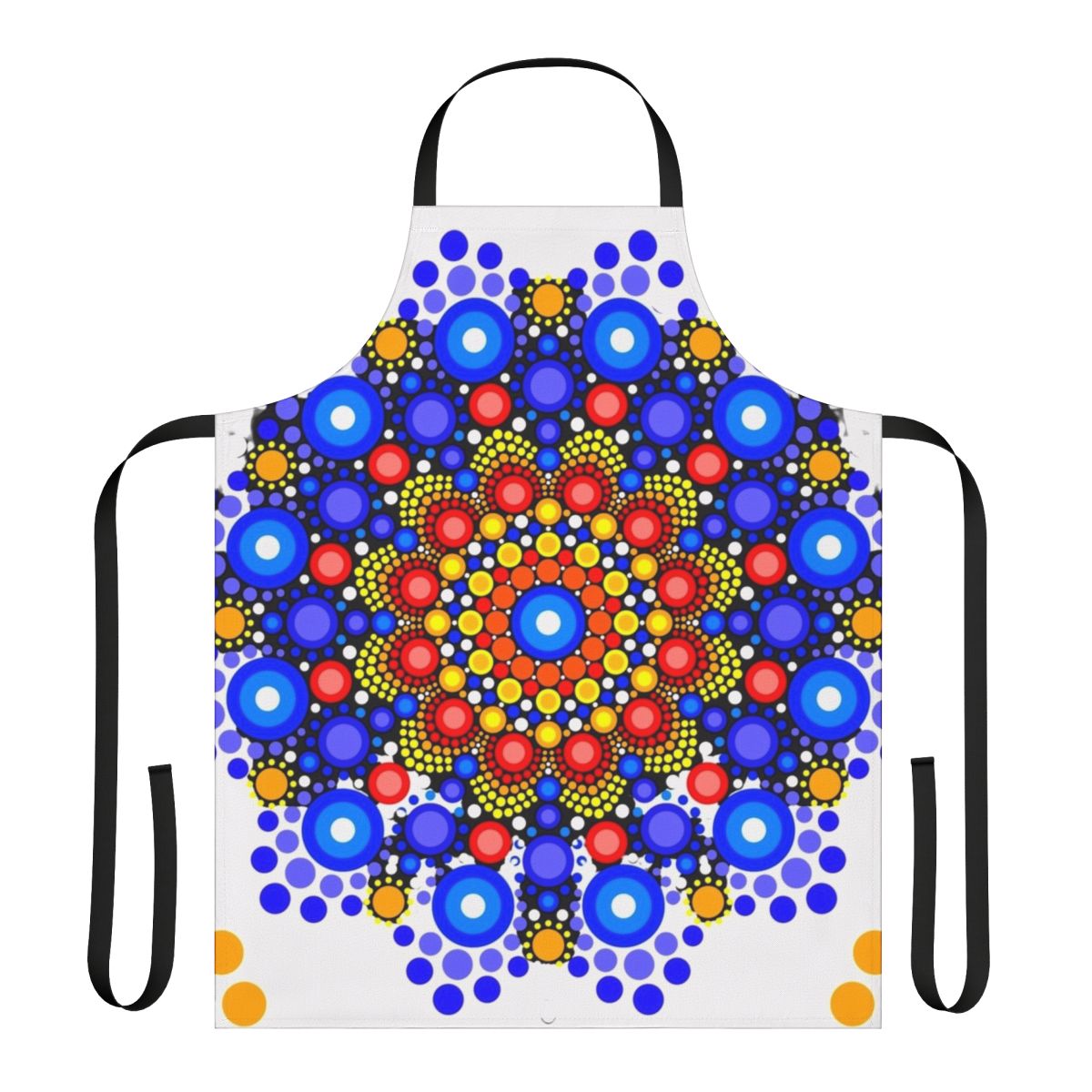 Colorful apron with a repeating blue and orange circle and mandala design