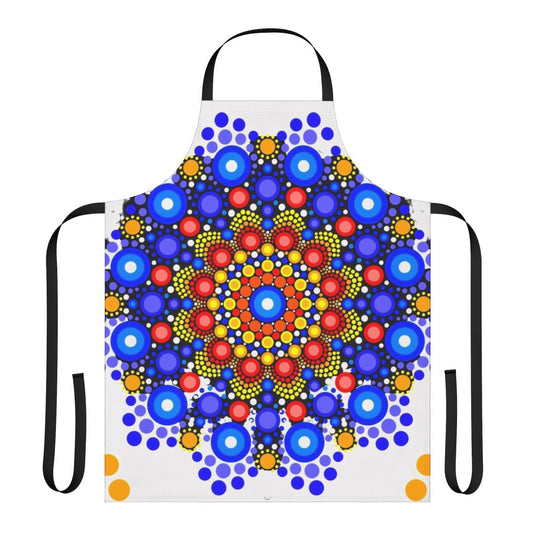 Colorful apron with a repeating blue and orange circle and mandala design