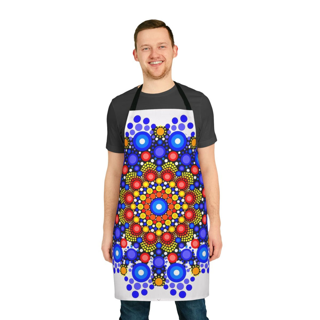 Colorful apron with a repeating blue and orange circle and mandala design