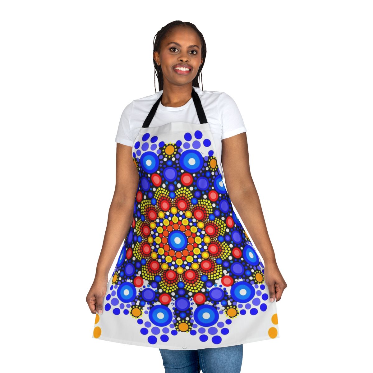 Colorful apron with a repeating blue and orange circle and mandala design