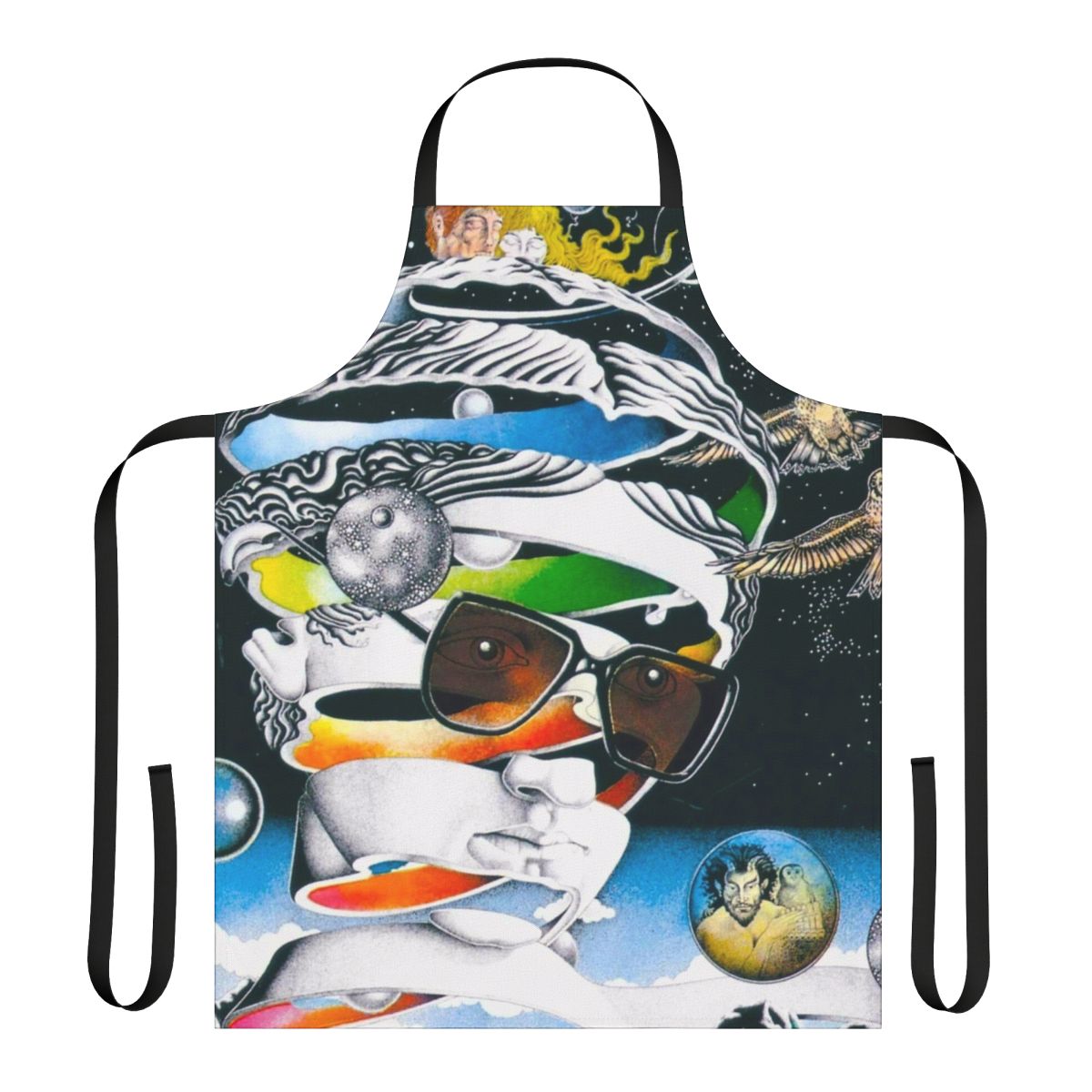 Colorful apron featuring a space-themed design inspired by the album covers and iconic style of musician Ian Hunter and the band Mott the Hoople.