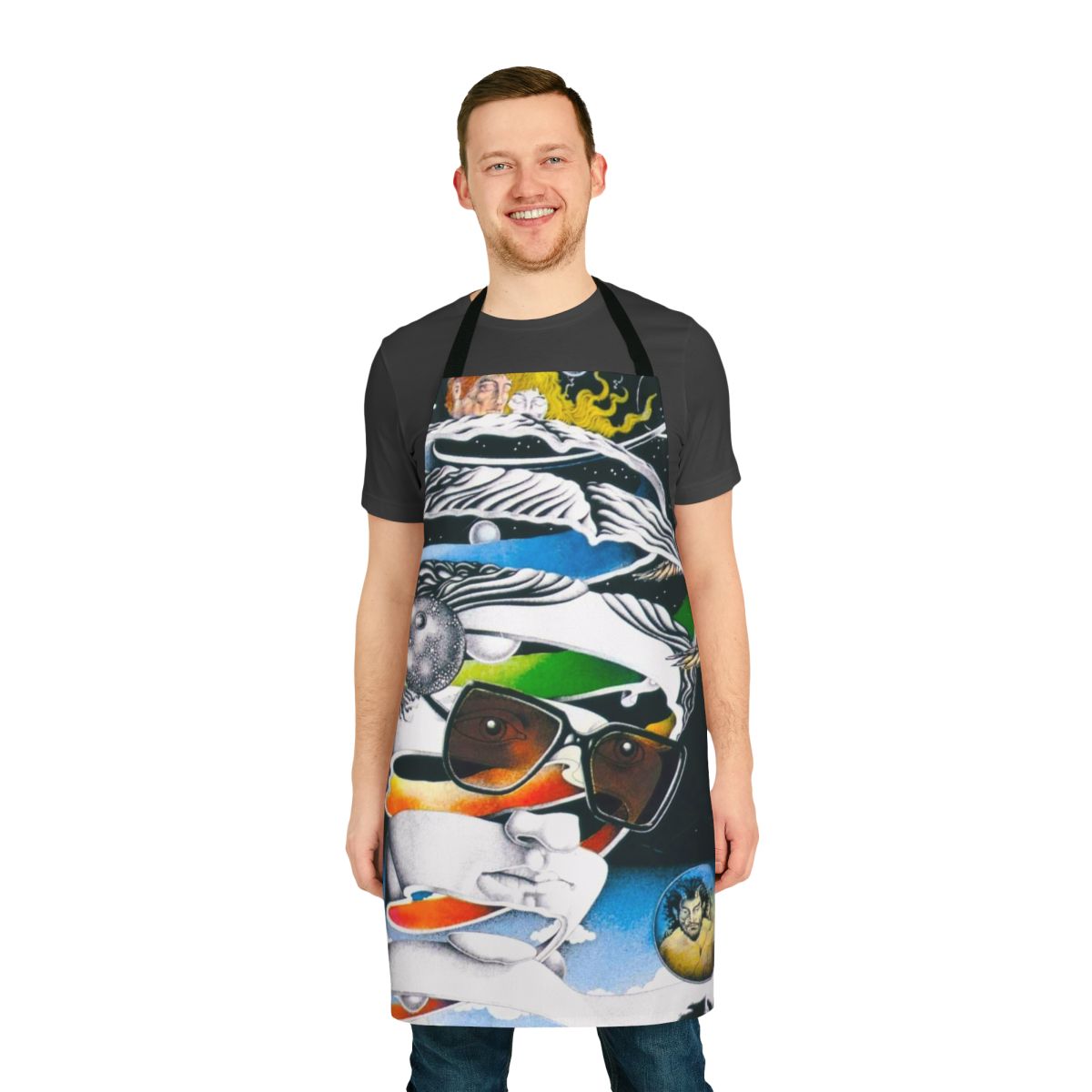 Colorful apron featuring a space-themed design inspired by the album covers and iconic style of musician Ian Hunter and the band Mott the Hoople.