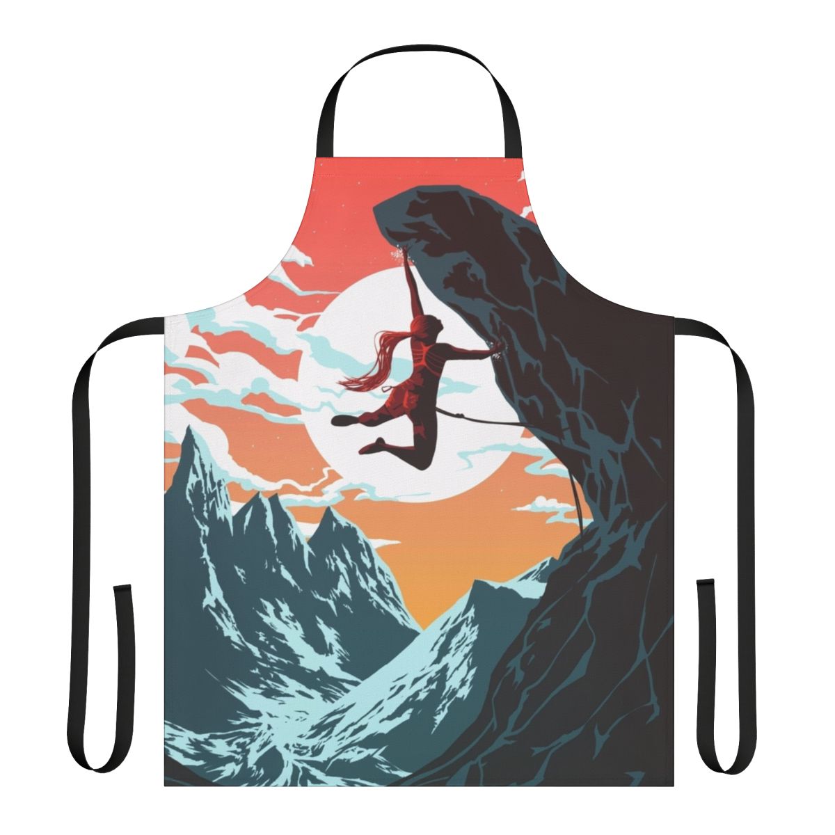 Colorful vector art illustration of a female climber on a mountain, featured on a high-quality apron.