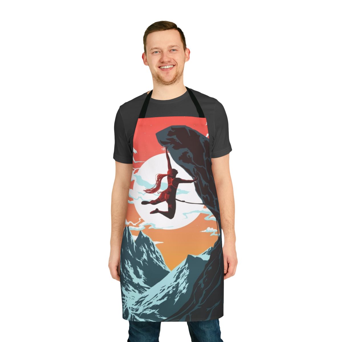 Colorful vector art illustration of a female climber on a mountain, featured on a high-quality apron.