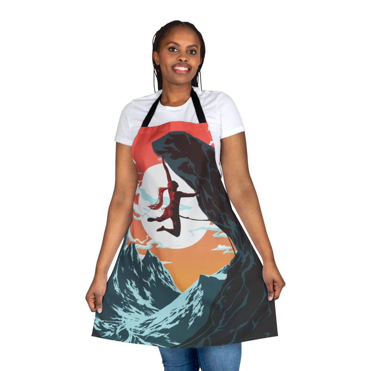 Colorful vector art illustration of a female climber on a mountain, featured on a high-quality apron.