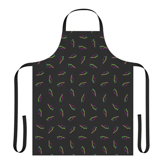 CMYK lightning bolt design on a black kitchen apron