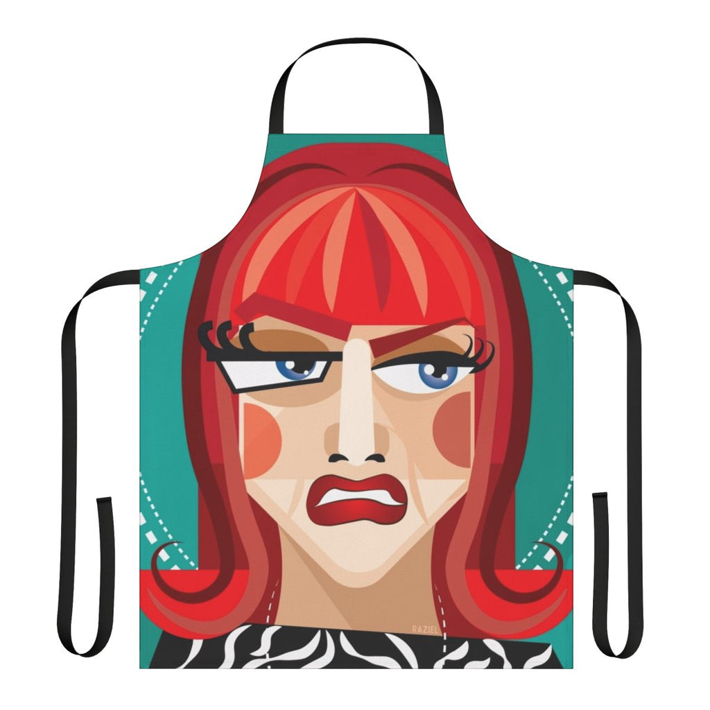 Colorful abstract apron featuring a Coco-inspired design, perfect for drag queens, comedians, and fans of RuPaul's Drag Race.