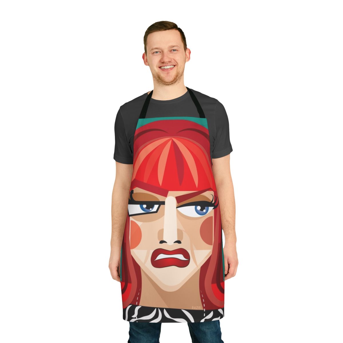 Colorful abstract apron featuring a Coco-inspired design, perfect for drag queens, comedians, and fans of RuPaul's Drag Race.