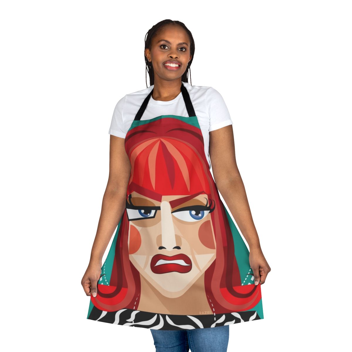 Colorful abstract apron featuring a Coco-inspired design, perfect for drag queens, comedians, and fans of RuPaul's Drag Race.