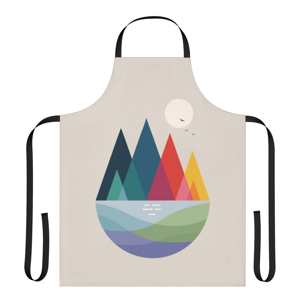 A vibrant, colorful abstract design apron featuring a landscape with a rainbow, birds, and geometric shapes.