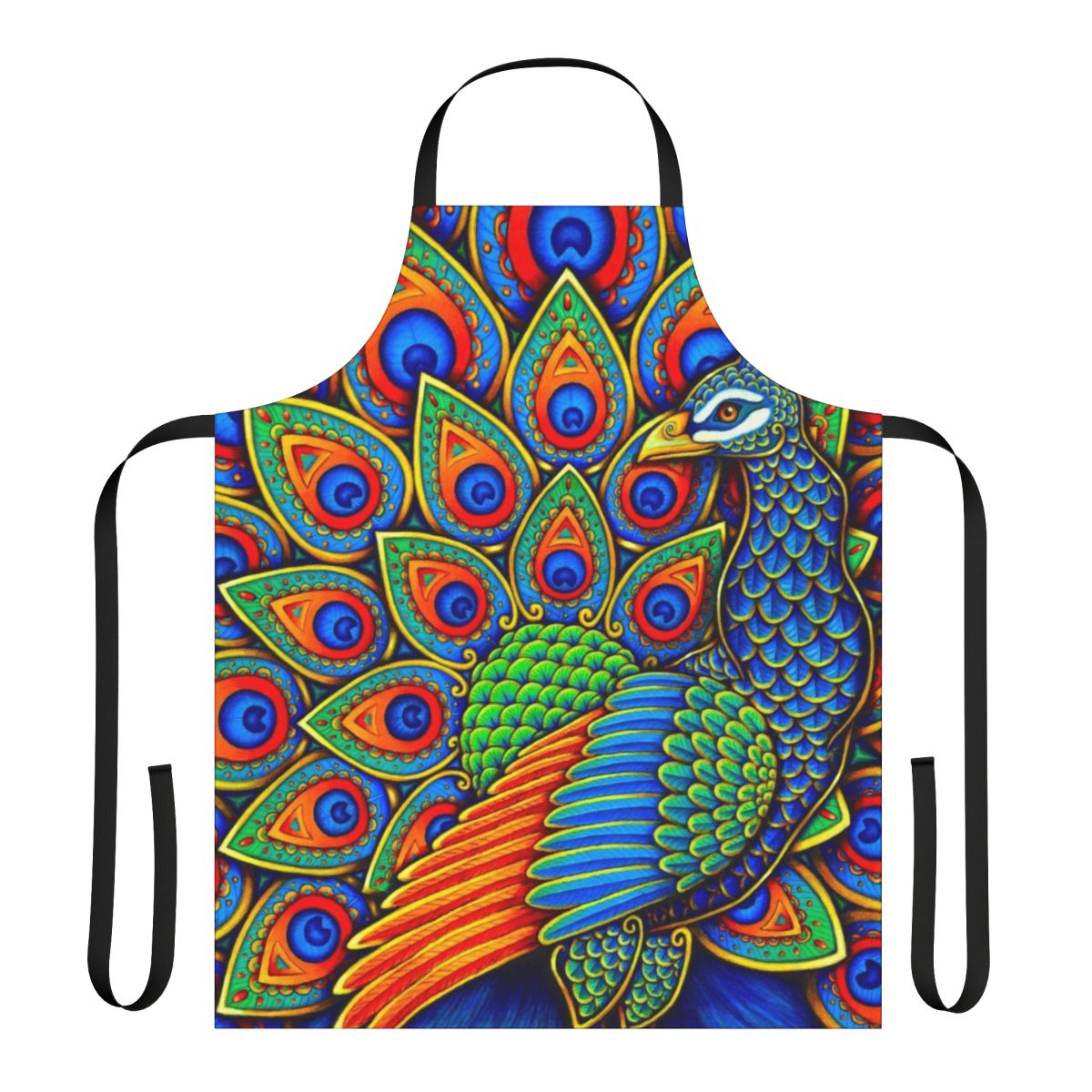 Colorful apron with a vibrant, stylized peacock design in a paisley pattern