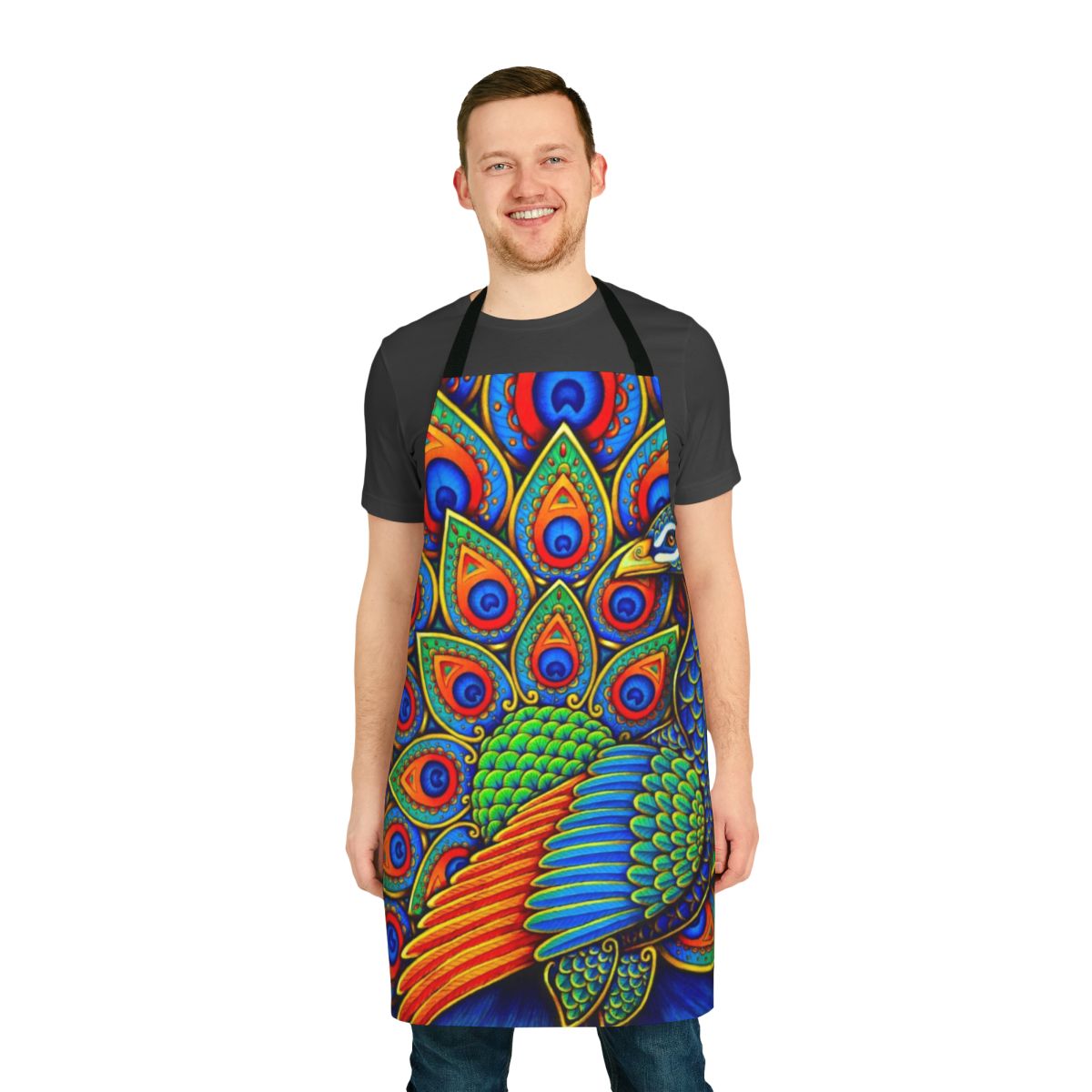 Colorful apron with a vibrant, stylized peacock design in a paisley pattern