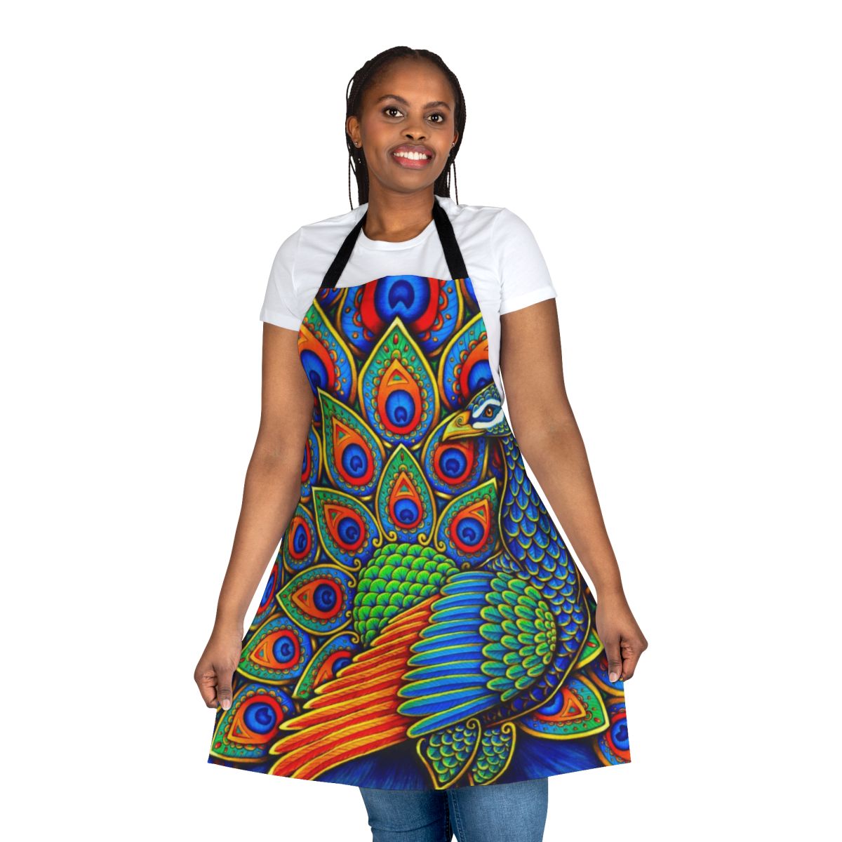 Colorful apron with a vibrant, stylized peacock design in a paisley pattern