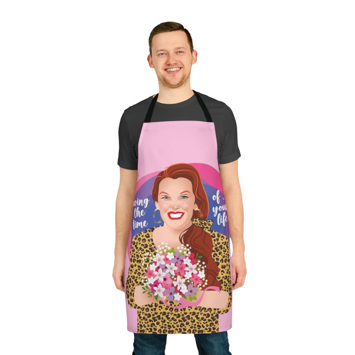 Colorful comedy apron featuring a vibrant pop art design and a funny quote