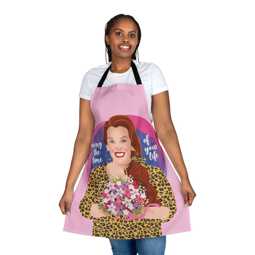 Colorful comedy apron featuring a vibrant pop art design and a funny quote