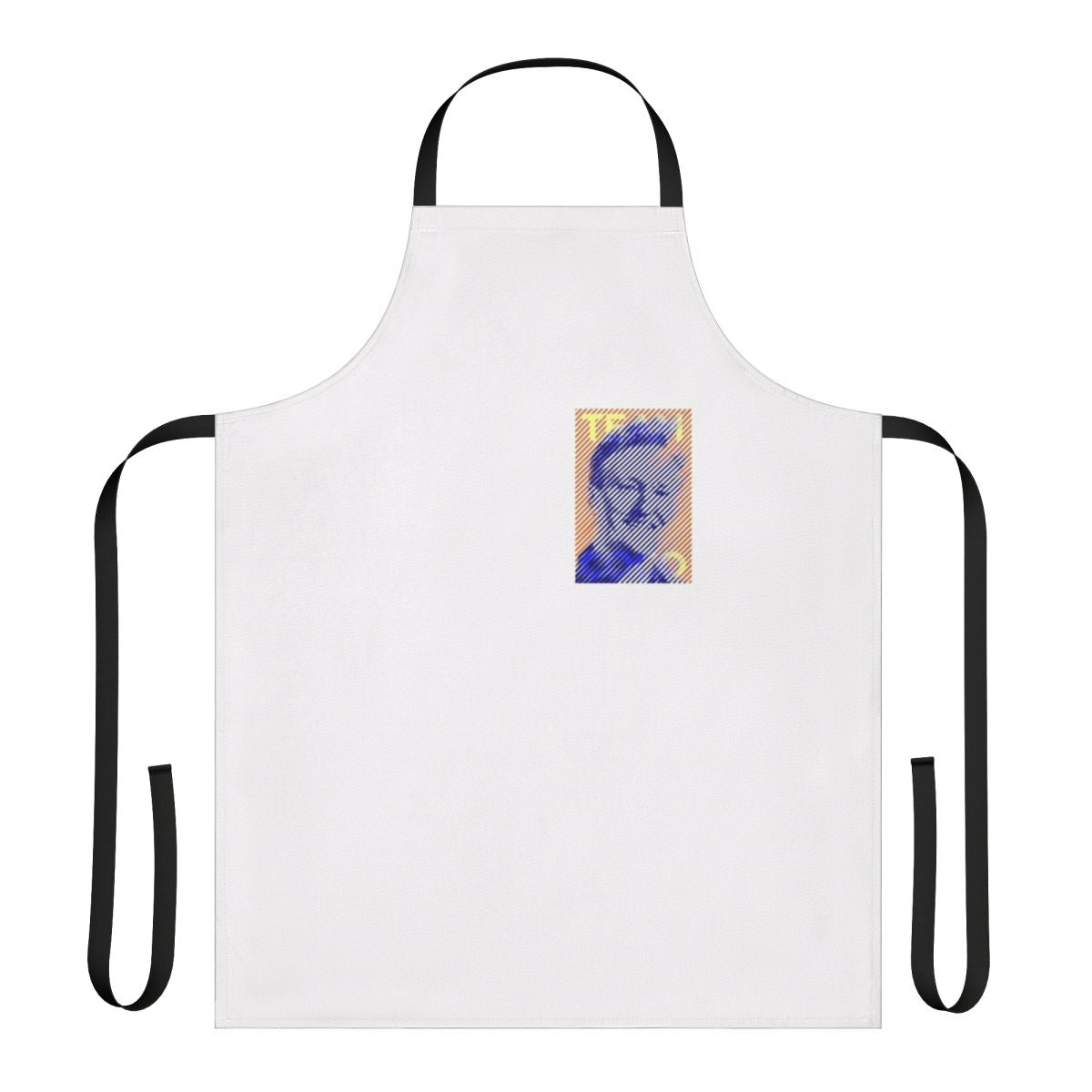 Conan Obrien-inspired apron featuring a pop art portrait design in orange and blue