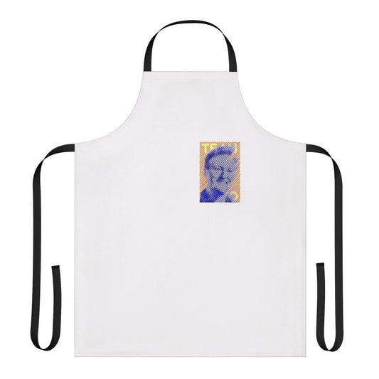 Conan Obrien-inspired apron featuring a pop art portrait design in orange and blue